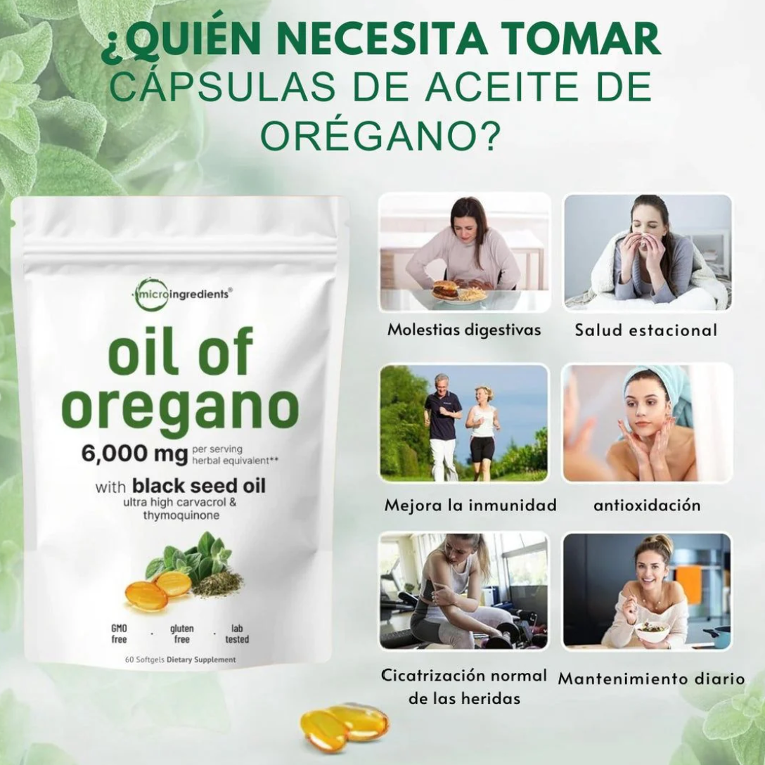 🔥 Enfoque potente / natural “La mezcla más poderosa de la naturaleza: Aceite de Orégano + Semilla Negra” 60 Cápsulas