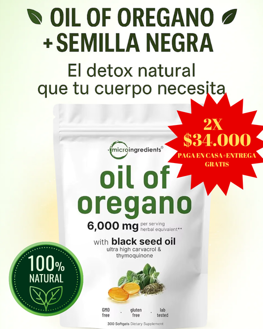 🔥 Enfoque potente / natural  “La mezcla más poderosa de la naturaleza: Aceite de Orégano + Semilla Negra”  60 Cápsulas