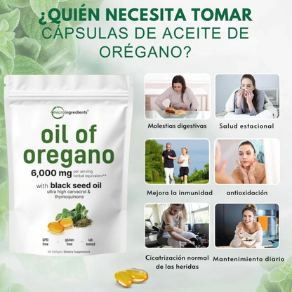 🔥 Enfoque potente / natural  “La mezcla más poderosa de la naturaleza: Aceite de Orégano + Semilla Negra”  60 Cápsulas