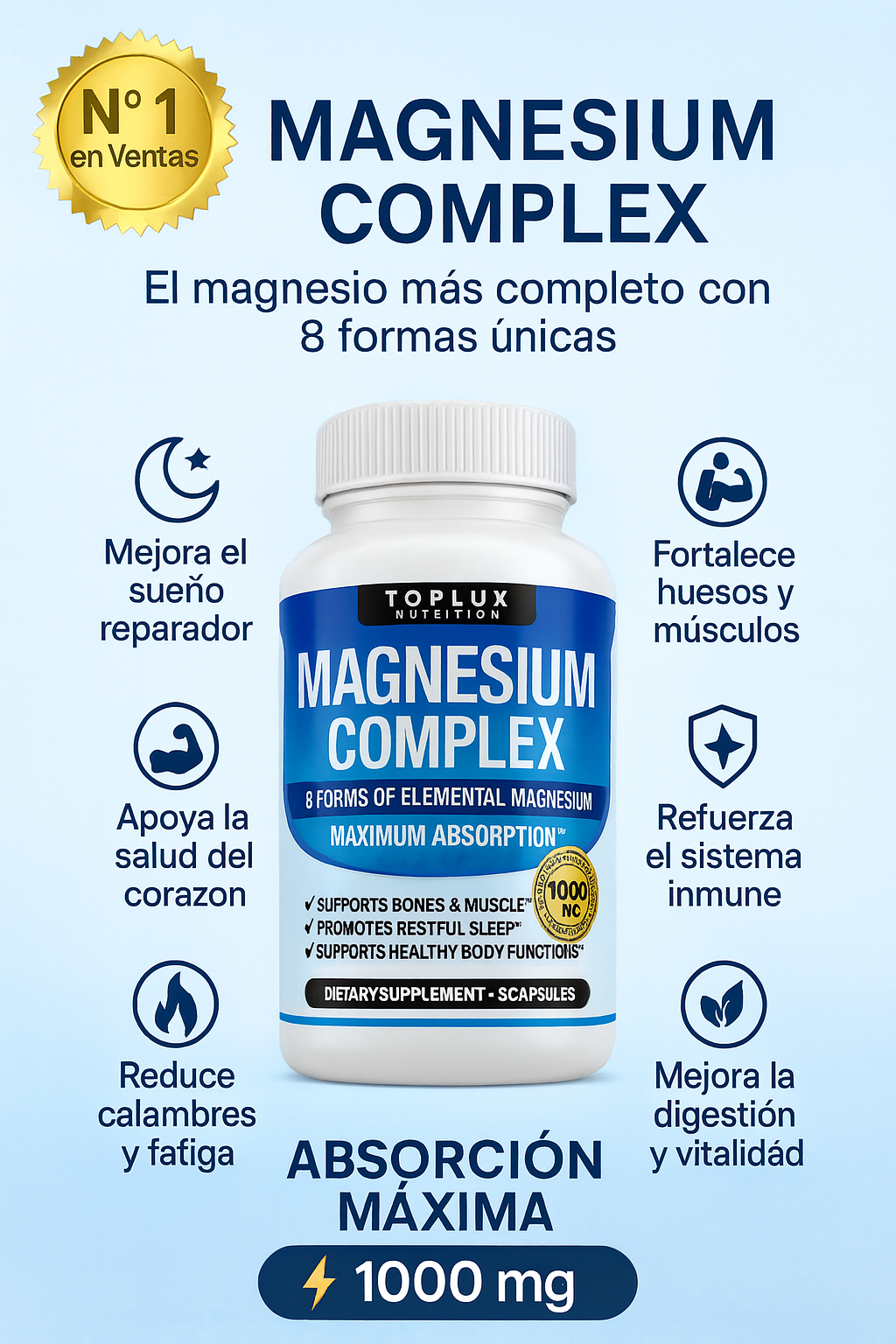 💎 Magnesium Complex Premium 1000mg – 60 cápsulas 💊 8 tipos de magnesio en 1 fórmula completa